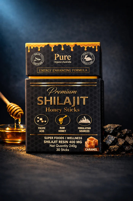 Pure Organics Australia Premium Shilajit Honey Sticks – Coffee Flavor – 30 Sticks | 240g | Energy & Immunity Boost