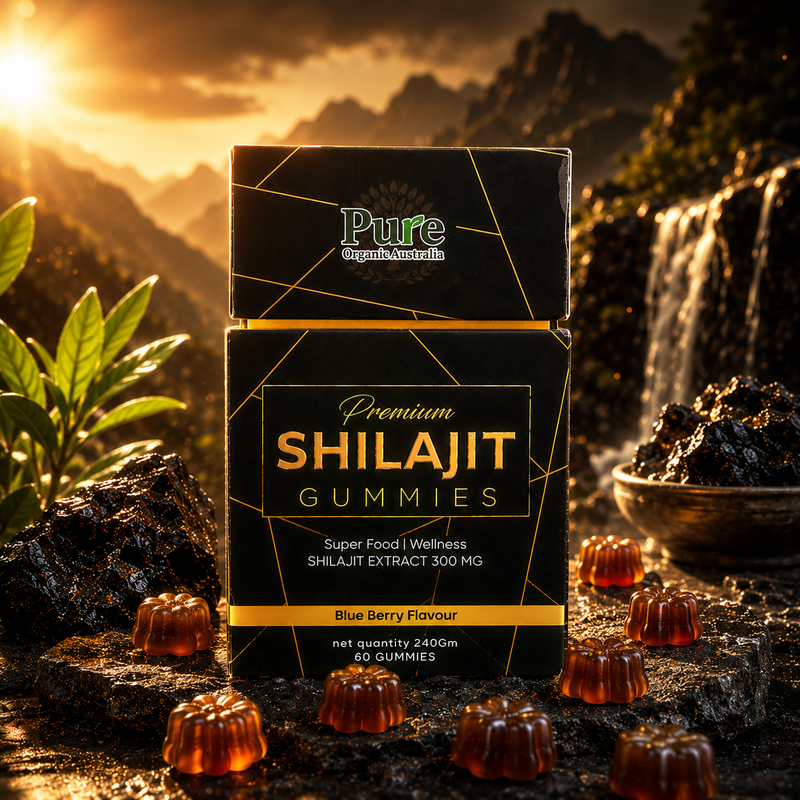 Pure Organics Australia Shilajit Gummies 300mg – Blueberry Flavour | Himalayan Shilajit Gummies for Daily Wellness | 60 Gummies